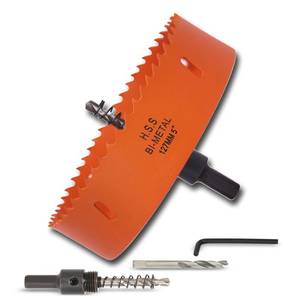 lot 724 image: VIKITON 5 inch Hole Saw with Arbor for Metal Wood and Plastic, 127mm Bi-Metal Hole Cutter for Different Project with Smooth and Flat Drilling Edge, Fast Chip Removal - Retail $15