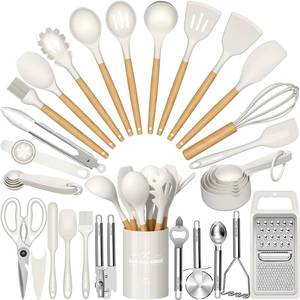 lot 725 image: Umite Chef Silicone Kitchen Utensil Set, 34PCS Heat Resistant Kitchen Gadgets and Tools With Grater, Cream White Wood Handles for Nonstick Cookware - Retail $40