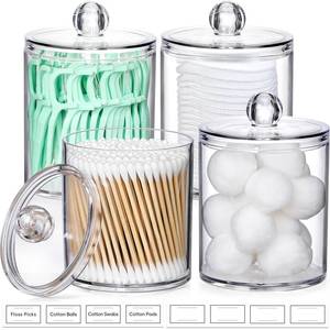 lot 740 image: 4 Pack Acrylic Qtip Holder Dispenser for Cotton Swabs, Balls, Pads, Floss Picks- Small Clear Acrylic Canister Apothecary Jar Set, Bathroom Essentials Accessories Decor, Vanity Makeup Storage Organizer - Retail $7