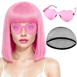 lot 743 image: PLULON Pink Bob Wig with Bangs, Short Straight Bob Wig with Heart Sunglasses 12 Inch Shoulder Length Heat Resistant Synthetic Hair Cap for Women Natural Look Daily Use Cosplay Halloween Costume Party - Retail $13