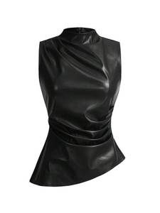 lot 744 image: SHENHE Womens Mock Neck PU Leather Pleated Asymmetrical Sleeveless Fitted Dressy Tank Top Black Medium - Retail $26