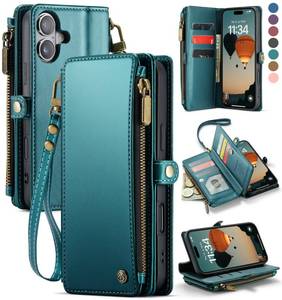 lot 746 image: Defencase Compatible with iPhone 17 Case Wallet with RFID Blocking Card Holder for Women and Men, Fashion PU Leather Magnetic Snap Flip Zipper Strap Wallet Phone Case for iPhone 17 6.3, Blue Green - Retail $27