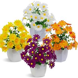 lot 754 image: LOYWREE 4 Pack Small Artificial Mums Flowers in White Pots, Fake Mini Potted Plants, Spring Floral Decor for Home Bathroom Shelves Office Desk Table Centerpiece Indoor Decoration - Retail $10