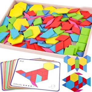 lot 758 image: 3 otters Wooden Pattern Blocks Shapes for Kids, Geometric Tangram Puzzle with Activity Cards, 150 PCS Educational Toy - Retail $15