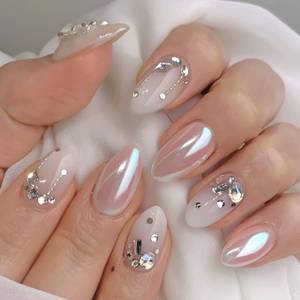 lot 770 image: CTTHNBD Press on Nails Almond - Ombre White Fake Nails with Rhinestone Design - Medium False Nails Press ons - for Women 24 Pcs - Retail $8