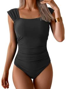 lot 855 image: B2prity Womens One Piece Swimsuit Retro Square Neck Tummy Control Bathing Suits Ruched Modest Full Coverage Swimwear(Black) XL - Retail $38