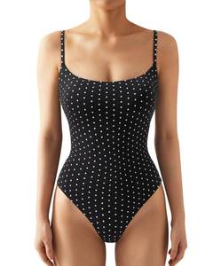 lot 859 image: SUUKSESS Women Sexy Square Neck Thong Bodysuit Sleeveless Cami Body Suit Top (Black Polka Dots, XS) - Retail $29