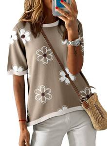 lot 865 image: Dokotoo Womens Summer Tops Casual Short Sleeve Loose Fit Crewneck Sweaters for Women Fashion Lightweight Floral Pinted Color Block Spring Tshirt Shirts Trendy 2026 Brown Small - Retail $27
