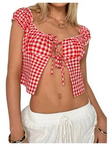 lot 874 image: SHENHE Womens Tie Up Split Front Gingham Square Neck Puff Sleeve Plaid Crop Top Blouse Red Small - Retail $20