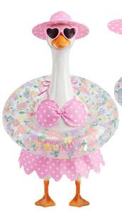 lot 49 image: SWIMMING FLOAT DECORATION ONLY hoyuwak Bikini Goose Outfits Summer Hawaiian Porch Goose Outfits with Swimming Ring for 23 Porch Geese Outdoor Yard Decor, Pink - Retail $15