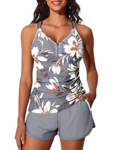 lot 58 image: Summer Mae Modest Tankini Swimsuits for Women 2026 Two Piece Bathing Suits with Sporty Pockets Boy Shorts for Tummy Control Misty White Blossoms Size 16 - Retail $42