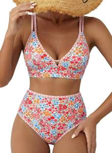 lot 61 image: Herseas Womens 2 Piece High Waisted Bikini Sets V Neck Striped Stitch Removable Pad Swimsuits Ditsy Floral Print Flattering Bathing Suit Beach Summer Outfits 2026 Multicolor Floral Medium - Retail $26