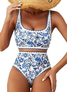 lot 65 image: Herseas Womens Bikini Sets Floral Print Whip Stitch 2 Piece Modest Swimsuits High Waisted Scoop Padded Blue Bathing Suits Cute Teens Beach Swimwear 2026 Summer Medium - Retail $28