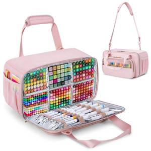 lot 67 image: CASE ONLY Prokva Marker Organizer Case Holding up to 216 Markers, Marker Storage Carrying Bag, Large Marker Holder with Shoulder Strap, Pink - Retail $27