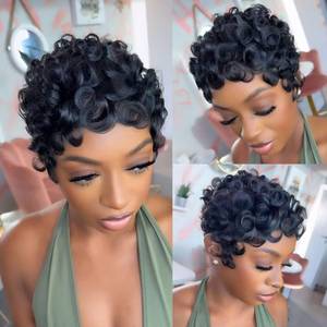 lot 73 image: VRZ Pixie Cut Short Human Hair Wigs for Black Women Short Curly Pixie Cut Wig Human Hair Wear and Go Glueless Curly Human Hair Wigs for Daily Wear Full Machine Made Color 1B#L28FH - Retail $25