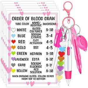 lot 87 image: Spiareal 7 Pcs Nurse Accessories Set for Badge Include Highlighter, Order of Blood Draw Beads with Reference Card, Marker Pen, Retractable Ball Pen, Key Chain Clip, LED Flashlight Keychain (Pink) - Retail $10