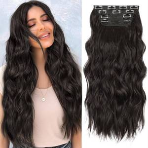 lot 88 image: ALXNAN Clip in Long Wavy Synthetic Hair Extension 24 Inch Natural Black 4PCS Thick Hairpieces Fiber Double Weft Hair for Women - Retail $26