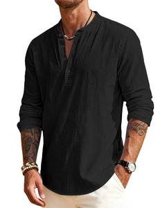lot 92 image: QOSOQ Mens Linen Shirts Henley T-Shirts Long Sleeve Casual Beach T-Shirts Solid Tops Shirts for Men Black Medium - Retail $28
