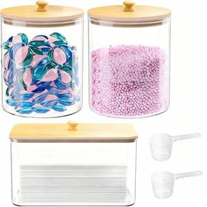 lot 102 image: 21 Pack Glass Laundry Pods Container & Acrylic Dryer Sheet Holder, Clear Laundry Room Organization Containers with Bamboo Lids & Labels, Powder Laundry Detergent Container for Scent Booster, Powder - Retail $32