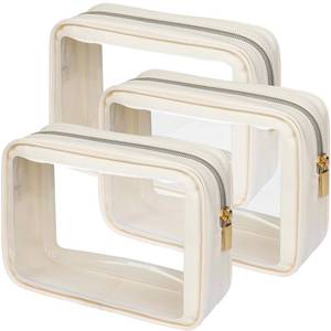 lot 107 image: PACKISM Clear Makeup Bag 3 Pack Medium - Foldable TSA Approved Toiletry Bag Quart Size for Travel Bottles, Water Resistant Multipurpose Car Storage Organizer with Reinforced Seams, Beige - Retail $15