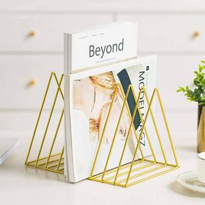 lot 117 image: Sooyee 9 Slot Gold Magazine Holder, Desktop File Sorter Organizer Triangle Bookshelf Decor for Home Office, 10.2 L x 7 W x 6.9 H, Iron Wire - Retail $18