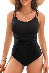lot 129 image: Daci Black Womens One Piece Swimsuit Tummy Control - Slimming Bathing Suit Scalloped Neck Swimwear 2026 M - Retail $29