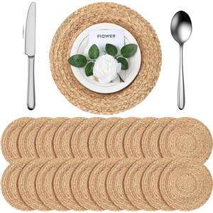 lot 131 image: FoldTier 20 Pcs Round Placemats Bulk Plate Chargers Set 11.8 Inch Woven Placemat Rustic Braided Straw Rattan Charger Natural Water Hyacinth Place Mat for Wedding Party Table Single Tableware Use - Retail $50
