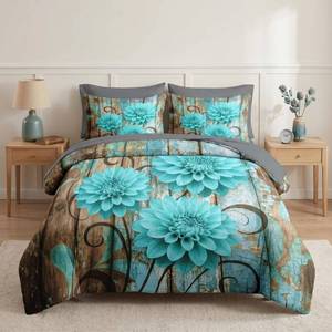 lot 142 image: Nesker Comforter Set King Size, Teal Farmhouse Dahlia 7 Pcs Bedding for Kids and Adults, Rustic Flower Abstract Leaves Bed Sheet Sets with Fitted Sheet 2 Pillowcases & 2 Shams - Retail $80