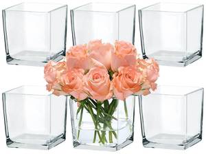 lot 146 image: CONNOO 6 Pack Square Glass Vase 5 x 5 x 5, Clear Bulk Flower Vases for Centerpieces, Square Glass Cube Vase Floating Candle Holders for Wedding Party Home Decor - Retail $38