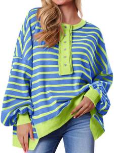 lot 162 image: Tankaneo Womens Oversized Striped Sweatshirts Henley Shirts Color Block Casual Pullover Waffle Knit Tops Blue Small - Retail $26