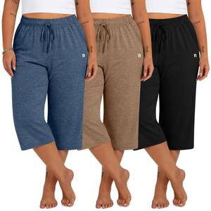 lot 895 image: Neer 3 Pack Womens Plus Size Capris,Wide Leg Loose Pants Casual Drawstring Capri Sweatpants Drawstring Pants with Pockets(Black, Haze Blue, Cappuccino,X-Large) - Retail $49