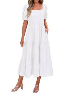 lot 918 image: PRETTYGARDEN Womens Summer Dresses 2026 Puff Sleeve Square Neck High Waist Smocked A-Line Flowy Loose Fit Midi Dress(White,X-Large) - Retail $527