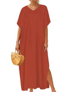 lot 942 image: CHICGAL Kaftan Dresses for Women Oversized Long Batwing Sleeve Caftan V Neck Beach Cover Ups Summer Maxi Dress (A-Dull Orange,One Size) - Retail $19