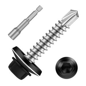 lot 954 image: Etauwe #12 x 2 Zinc Plated Steel Self Drilling Roofing Screws, Hex Head Self Tapping Screws with EPDM Washer, Black Head, 50 PCS - Retail $12
