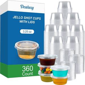 lot 960 image: Dealusy 360 Set 3.25 oz Jello Shot Cups with Lids, Sturdy & Food Safe Disposable Plastic Portion Condiment Dipping Sauce Cups, Small Containers for Salad Dressing - Retail $25