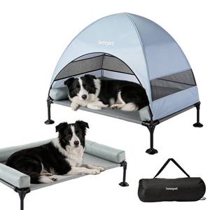 lot 975 image: iweepet 4 in1 Elevated Dog Bed with Removable Canopy & Side Bolster Pillows,Cooling Raised Pet Cot with Breathable Teslin Mesh, Portable Outdoor Dog Bed with Carry Bag for Camping,Patio,Backyard,36 - Retail $514