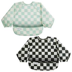 lot 979 image: Tiny Twinkle Long Sleeve Bib for Babies & Toddlers  2-Pack Waterproof Smock Bib for Eating  Machine Washable & Mess-Proof Feeding Essentials  Newborn Shower Gift (Black,Sage Checkers, 6-24M) - Retail $28