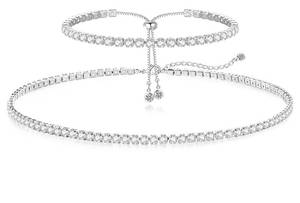lot 989 image: HAXIYA Tennis Necklace Set for Women Crystal Bracelet Imitation Diamond  Wedding Jewelry for Bride Sterling Silver Plated Jewelry Sets Pack of 2 Gift - Retail $23