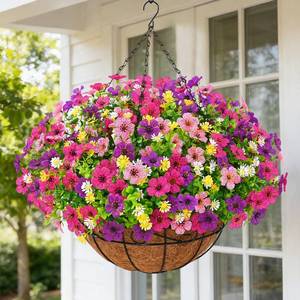 lot 990 image: Artificial Hanging Flowers for Outdoors, Fake Hanging Plants with 12 Baskets, 12 Pcs UV Resistant Artificial Hanging Flowers for Decoration Outdoors Garden Patio Porch Yard Spring Summer Decor - Retail $20