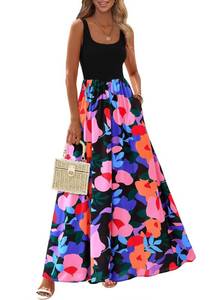 lot 993 image: KIRUNDO Women Summer Sleeveless Boho Floral Maxi Dress 2026 Scoop Neck Tank A Line Flowy Beach Vacation Resort Wear Sundress(Floral Black Multicolored, X-Large) - Retail $46