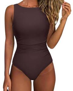 lot 999 image: SUUKSESS Women Sexy One Piece Tummy Control Swimsuit Ruched High Neck Slimming Swimwear 2025 Low Back Bathing Suit(Dark Brown,Large) - Retail $39