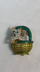 lot 53 image: Decorative Cat Brooch with Green Enamel Basket