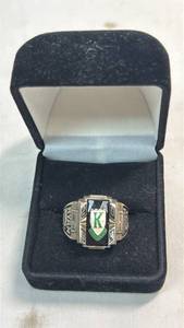 lot 64 image: Class Ring with K Initial and Green Shield in Presentation Box