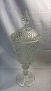 lot 74 image: Covered Compote Bowl with Finial Lid Diamond Cut Pattern