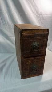 lot 109 image: 2-Drawer Wood Singer Sewing Machine Storage Cabinet with Metal Ring Pulls