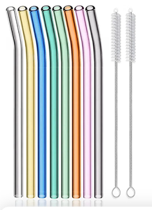 lot 142 image: 8 Reusable Glass Straws - Mixed Colors, Bent - 8 Straws & 2 Cleaning Brushes