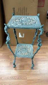 lot 193 image: Two-Tier metal Plant Stand with Ornate Carved Square Shelves and Curved Legs