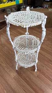 lot 195 image: Three-Tier metal Plant Stand with Pierced Lattice Tops and Decorative Legs