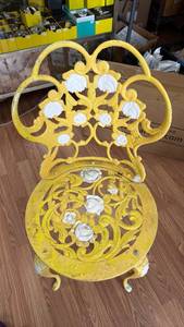 lot 196 image: Metal Ornate Floral Chair Yellow White Rose Scroll Open-Work Round Seat
