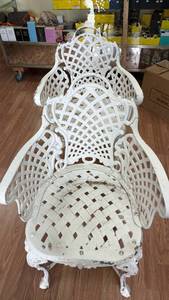 lot 198 image: Lot of 2 White Metal Lattice Patio Armchairs with Ornamental Legs
